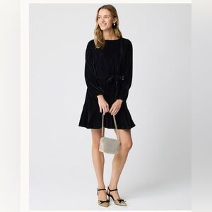 J. Crew Black Velvet Long-Sleeve Tie-Waist Mini Dress